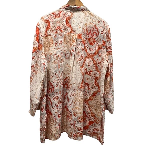 Chico's Linen Button Placket Tunic Top, Relaxed Fit, Print, Orange Cream, XL - Picture 3 of 9